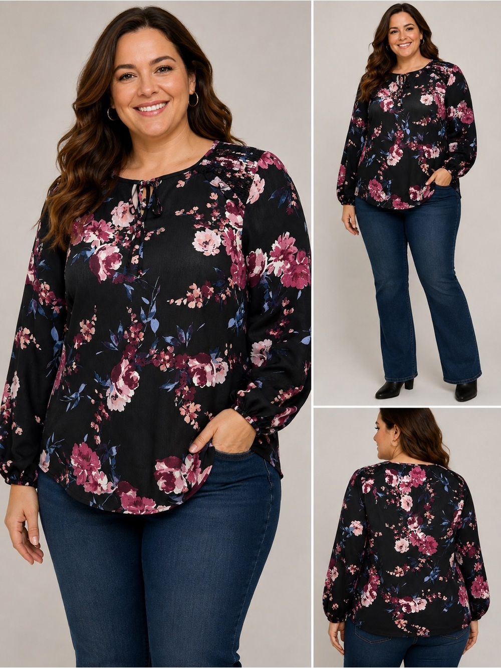 NWT AGB Floral Blouse Size Large Black Pink Blue Tie Neck Long Sleeve